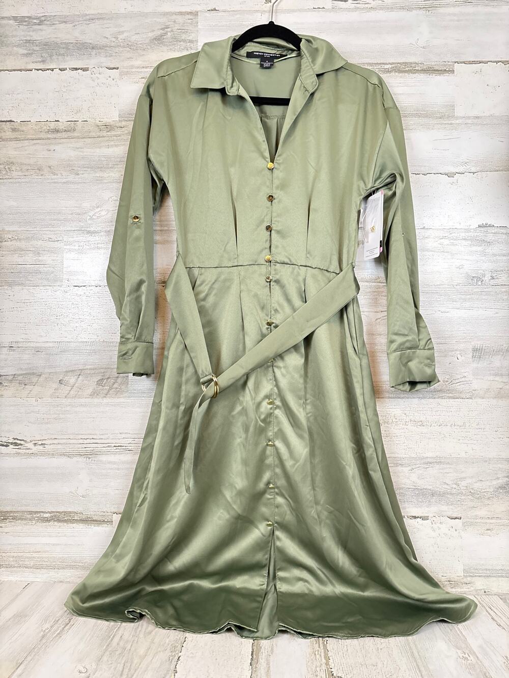 French Connection Womens S Olive Green Silky Belted Midi Shirt Dress NWT